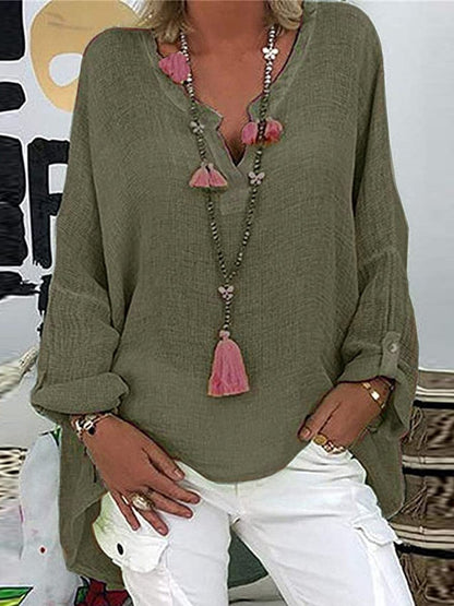 Solid V-neck Long Sleeve Loose Oversized T-shirts - LuckyFash™