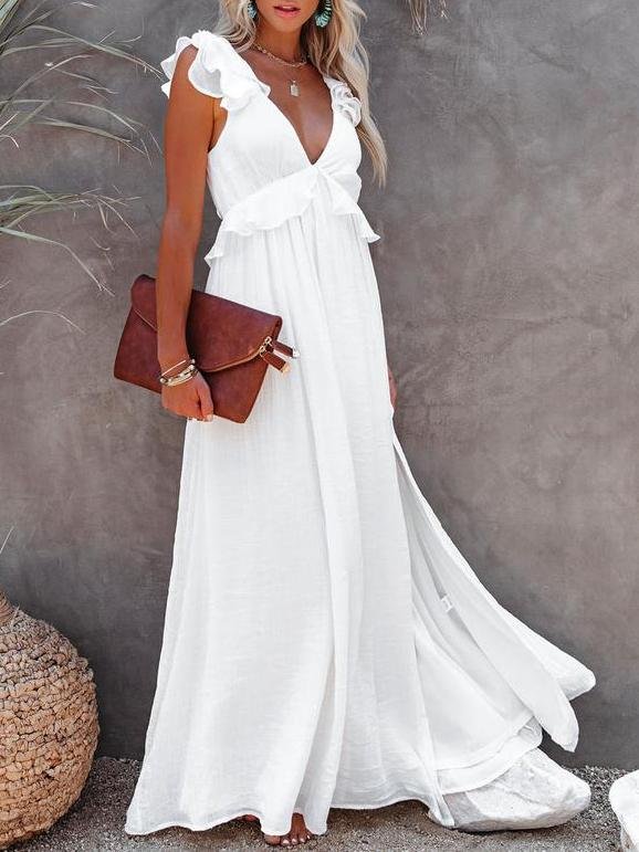 Solid V Neck Ruffle White Maxi Dress - LuckyFash™
