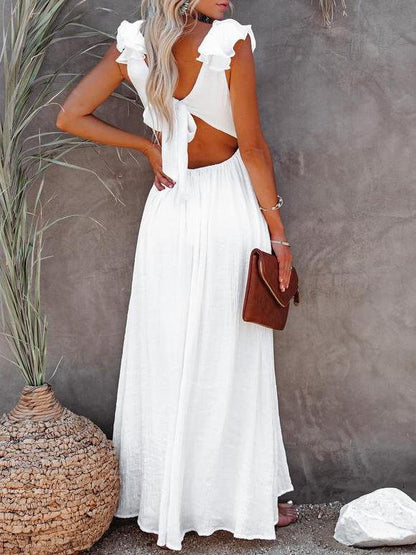Solid V Neck Ruffle White Maxi Dress - LuckyFash™