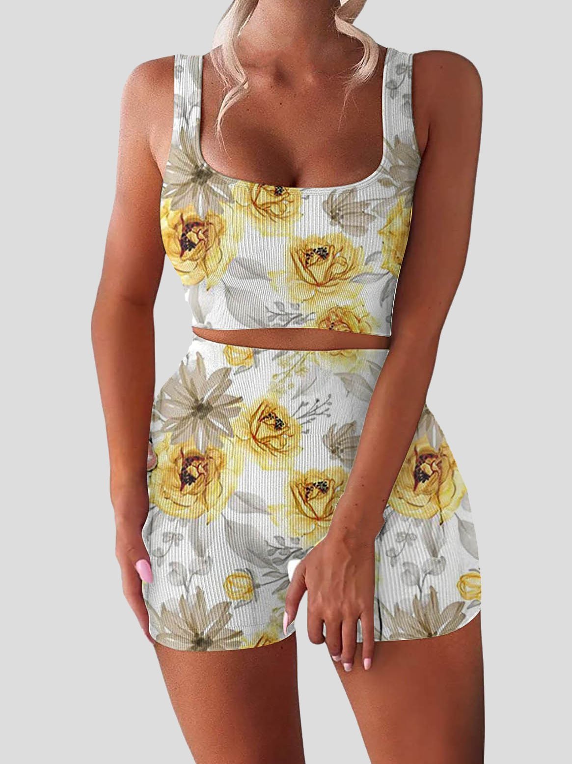 Square Neck High Waist Shorts Casual Two-piece Suit - LuckyFash™