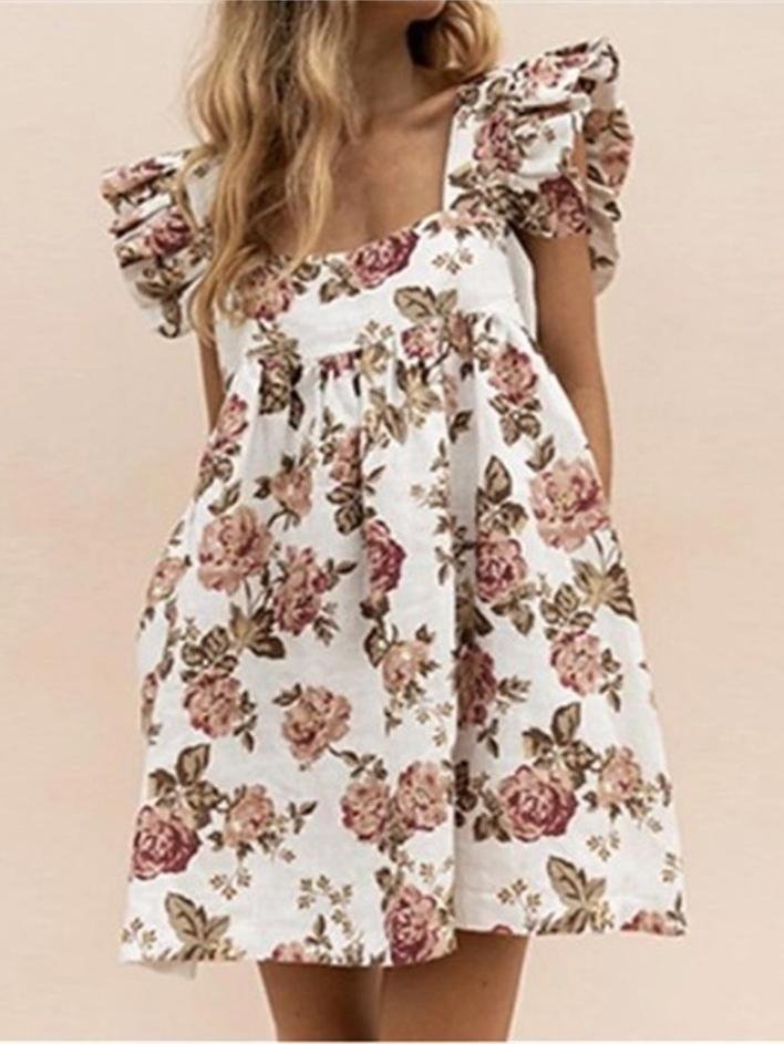 Square Neck Ruffled Floral Print Trendy Dress - LuckyFash™