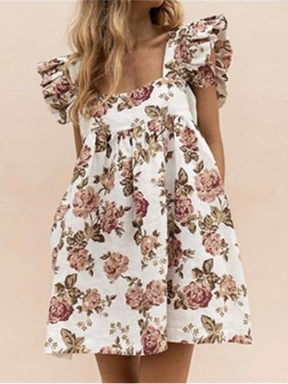 Square Neck Ruffled Floral Print Trendy Dress - LuckyFash™