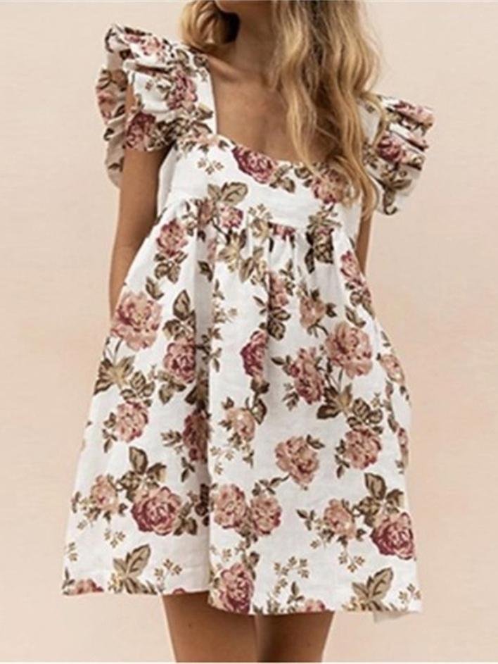 Square Neck Ruffled Floral Print Trendy Dress - LuckyFash™