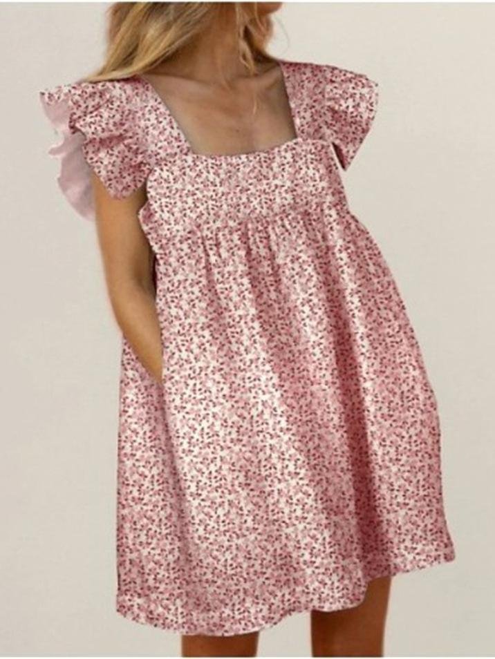 Square Neck Ruffled Floral Print Trendy Dress - LuckyFash™