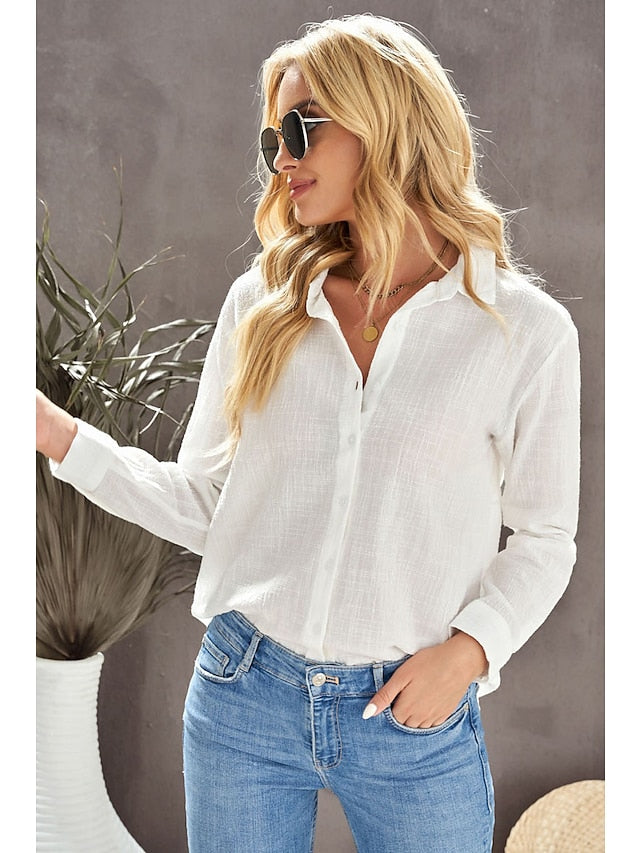 Women's Shirt Blouse Black White Pink Plain Button Long Sleeve Daily Weekend Streetwear Casual Shirt Collar Regular S - LuckyFash™