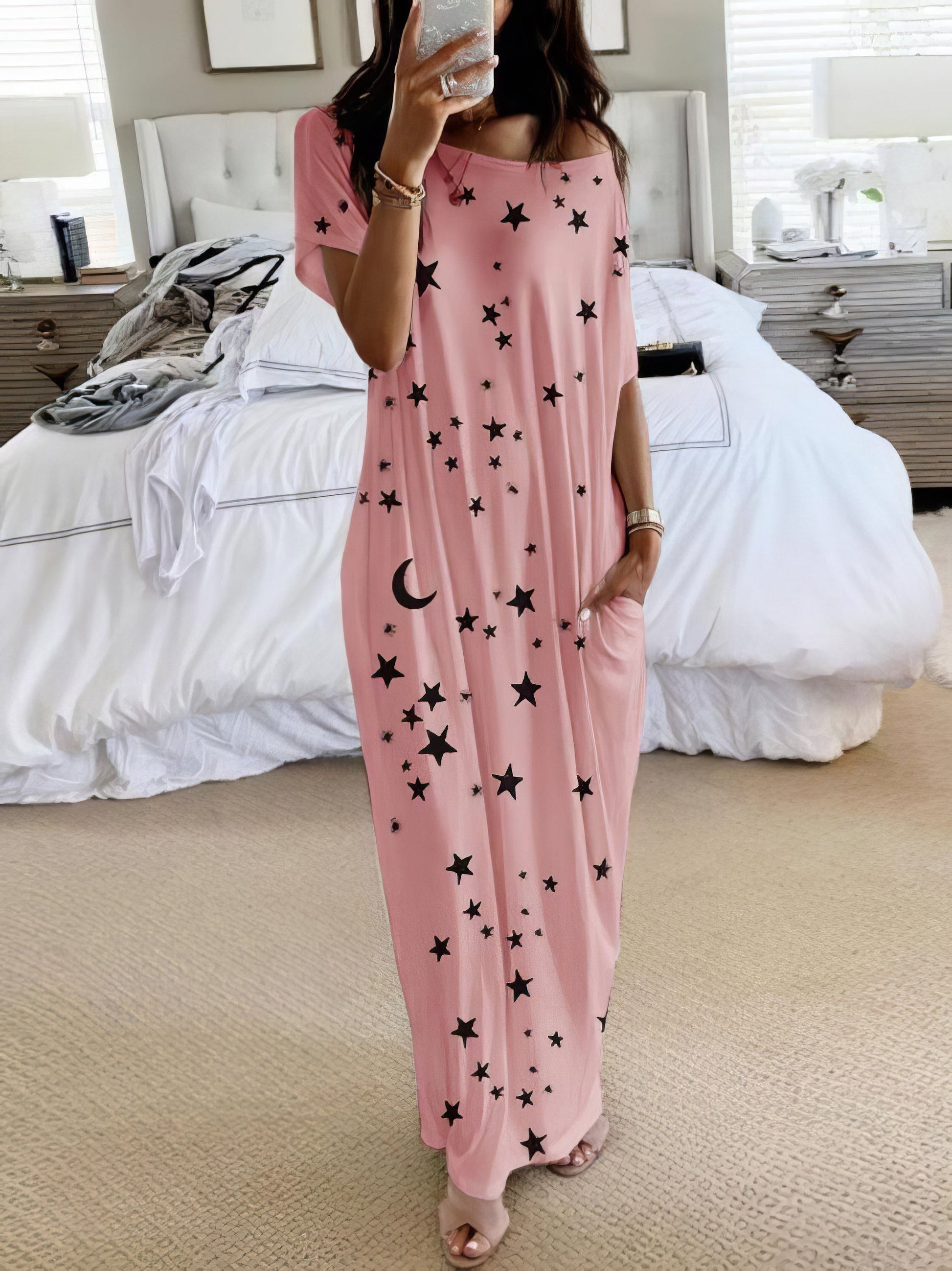 Star And Moon Print Short Sleeve Maxi Dress - LuckyFash™
