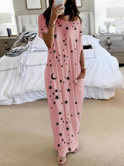 Star And Moon Print Short Sleeve Maxi Dress - LuckyFash™