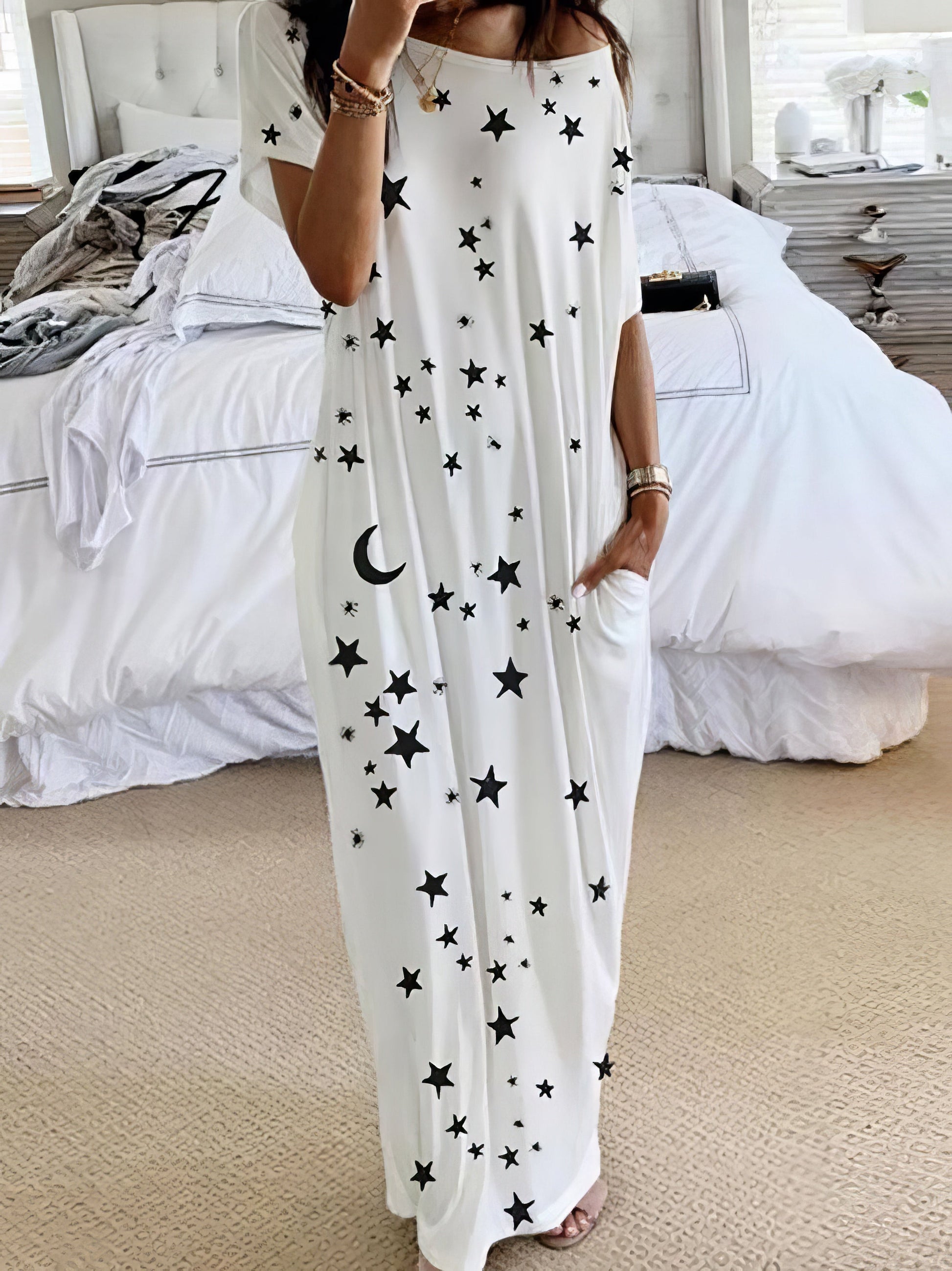 Star And Moon Print Short Sleeve Maxi Dress - LuckyFash™