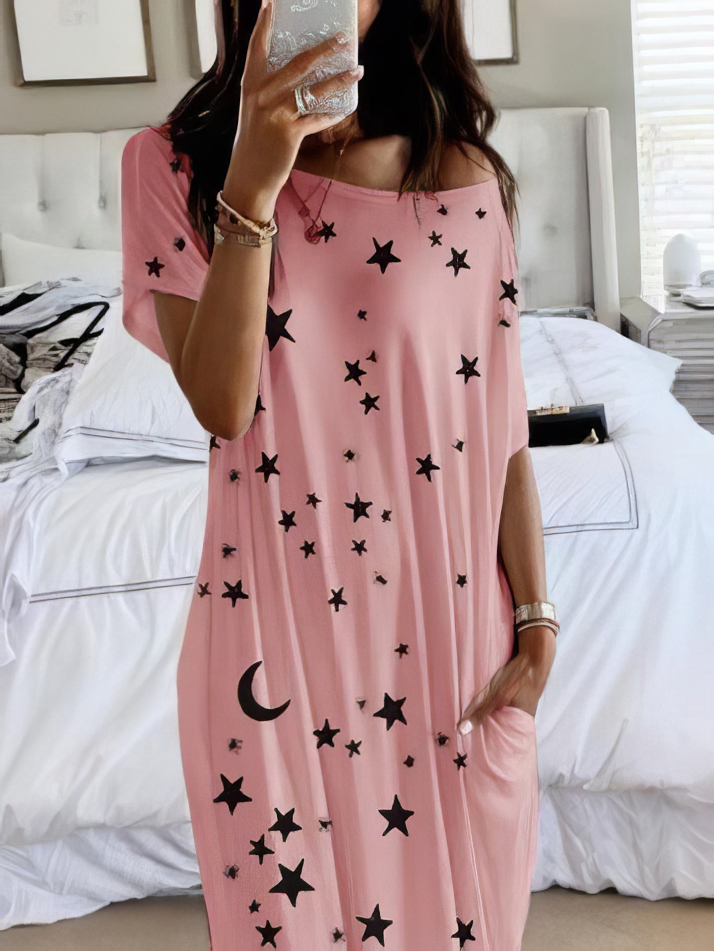 Star And Moon Print Short Sleeve Maxi Dress - LuckyFash™