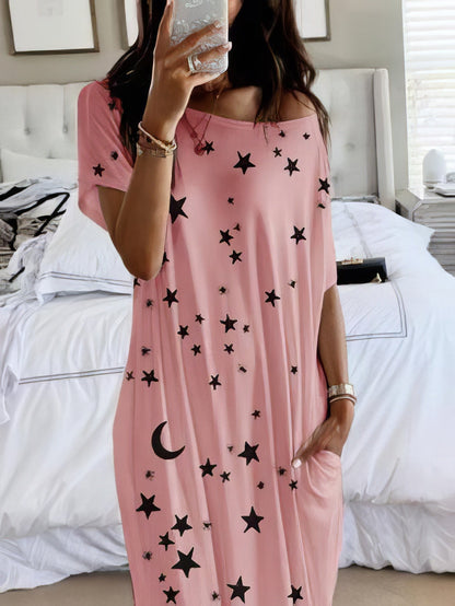 Star And Moon Print Short Sleeve Maxi Dress - LuckyFash™