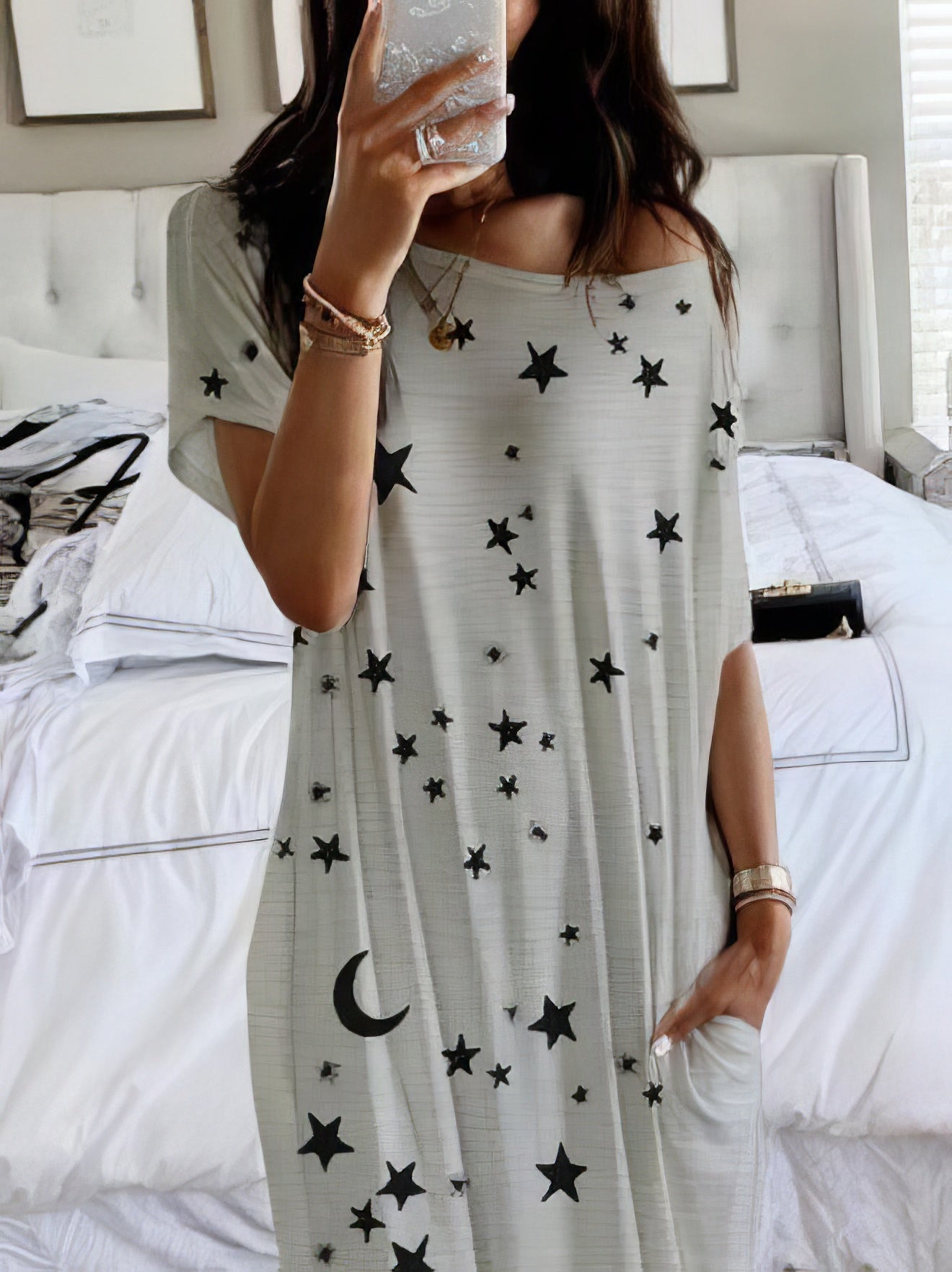 Star And Moon Print Short Sleeve Maxi Dress - LuckyFash™