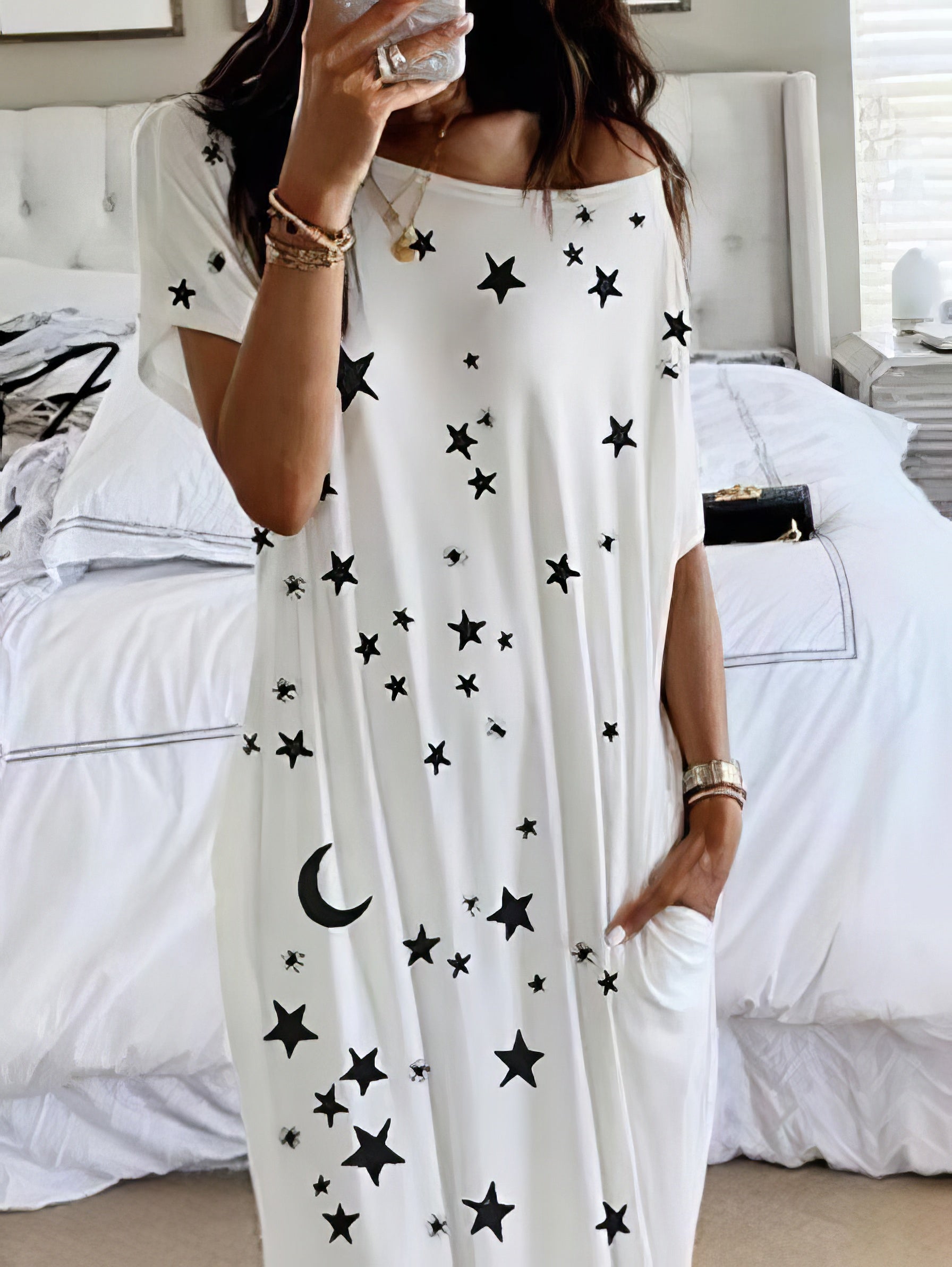 Star And Moon Print Short Sleeve Maxi Dress - LuckyFash™