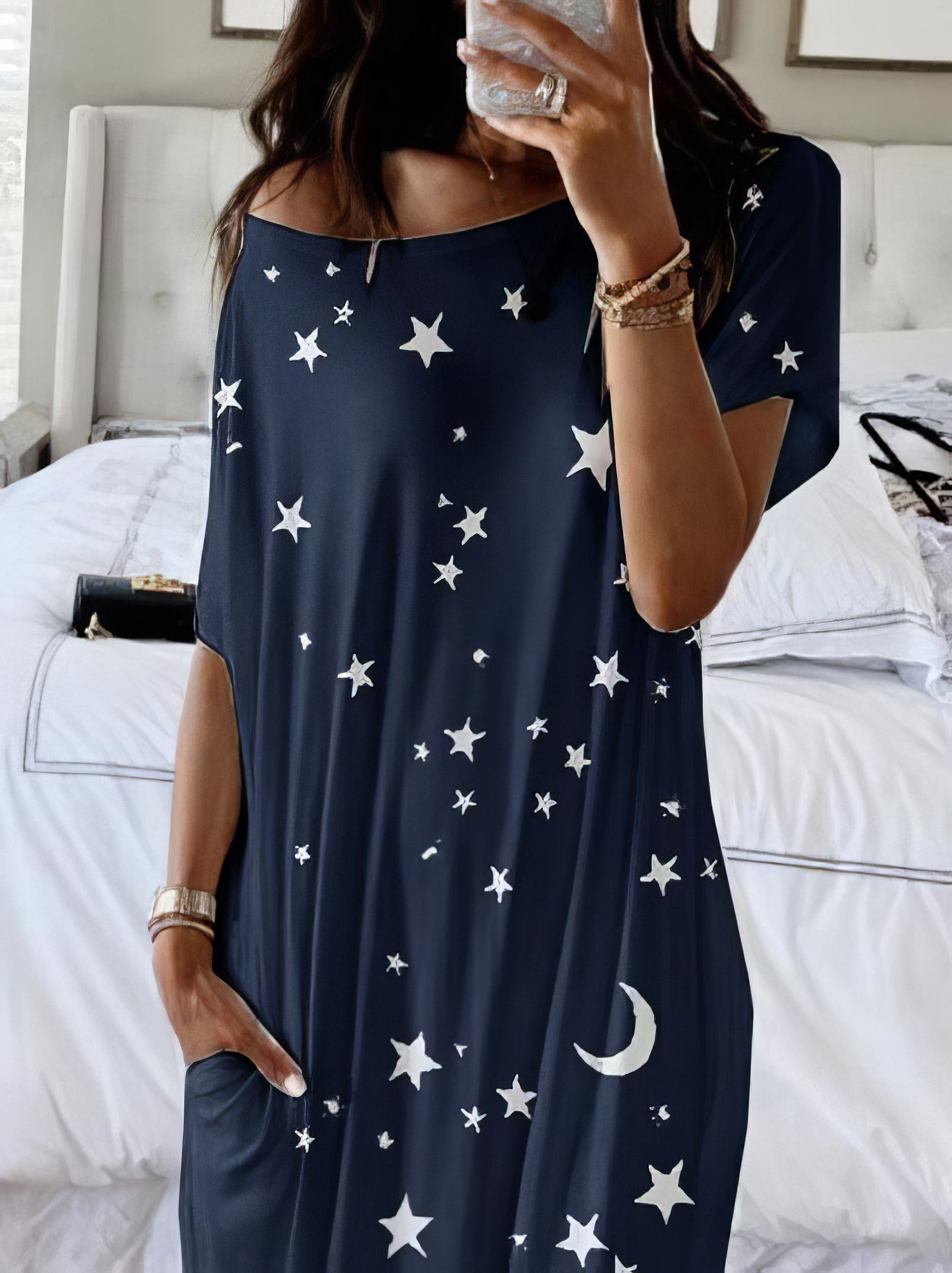 Star And Moon Print Short Sleeve Maxi Dress - LuckyFash™