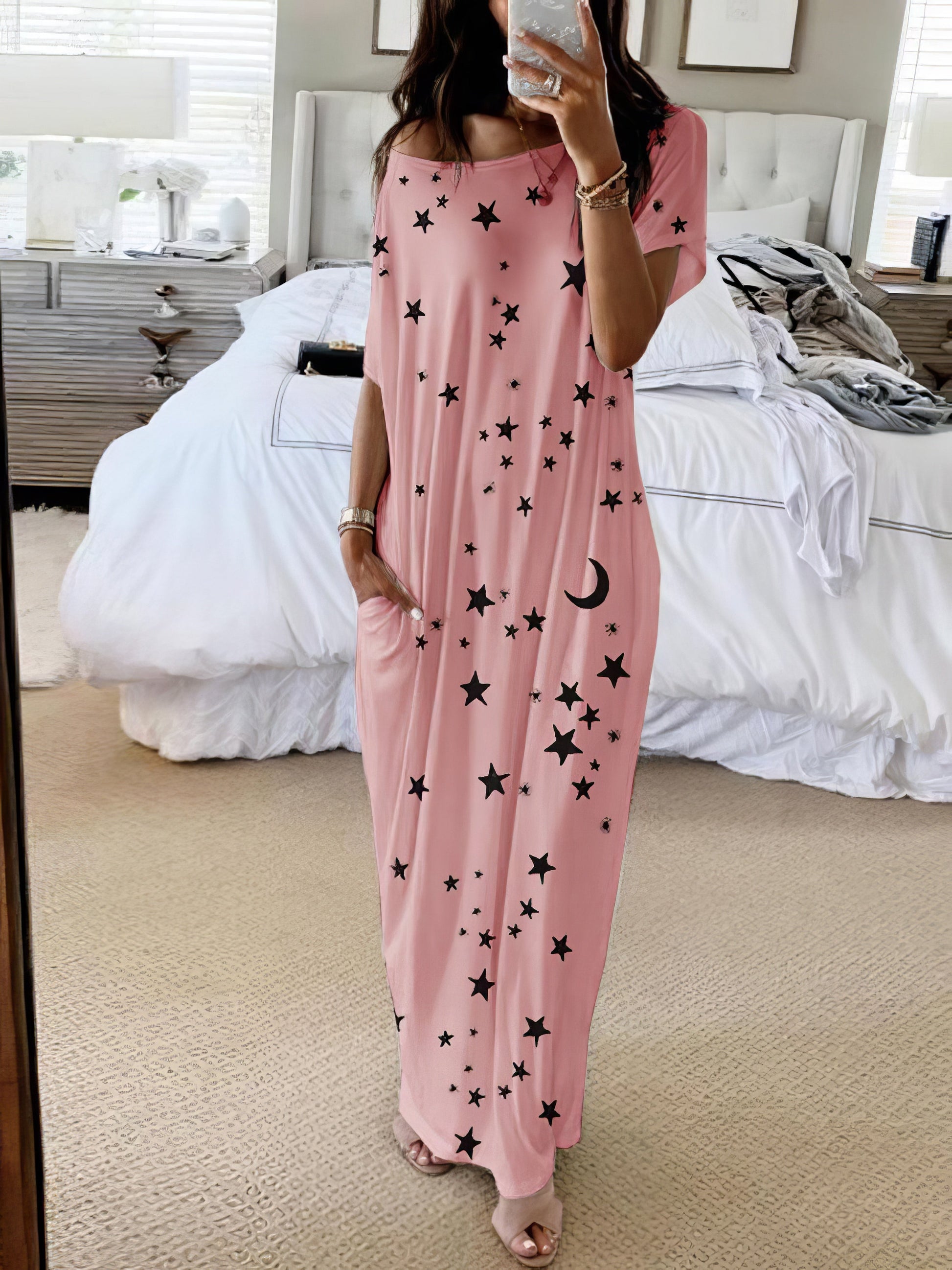 Star And Moon Print Short Sleeve Maxi Dress - LuckyFash™