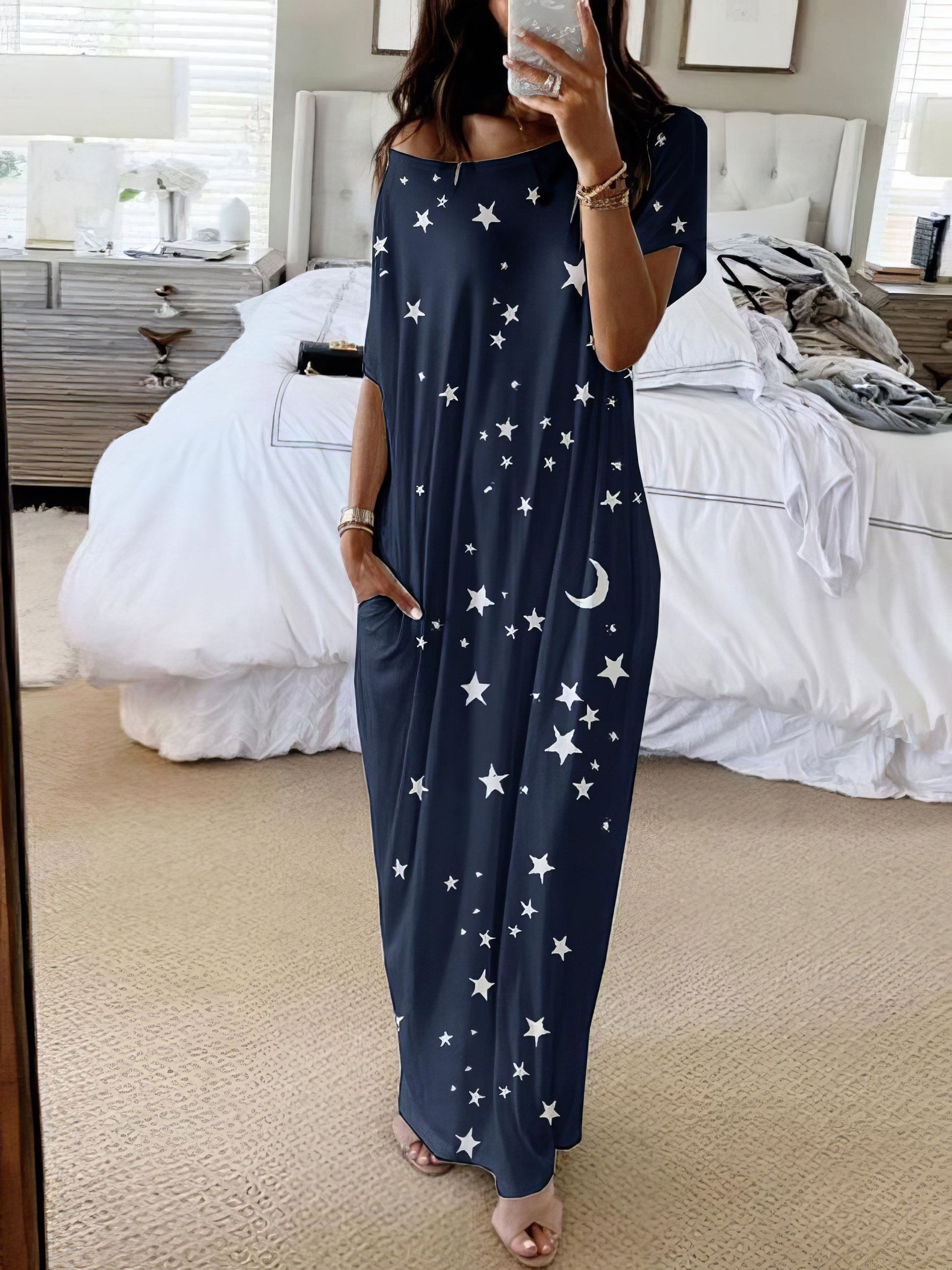 Star And Moon Print Short Sleeve Maxi Dress - LuckyFash™