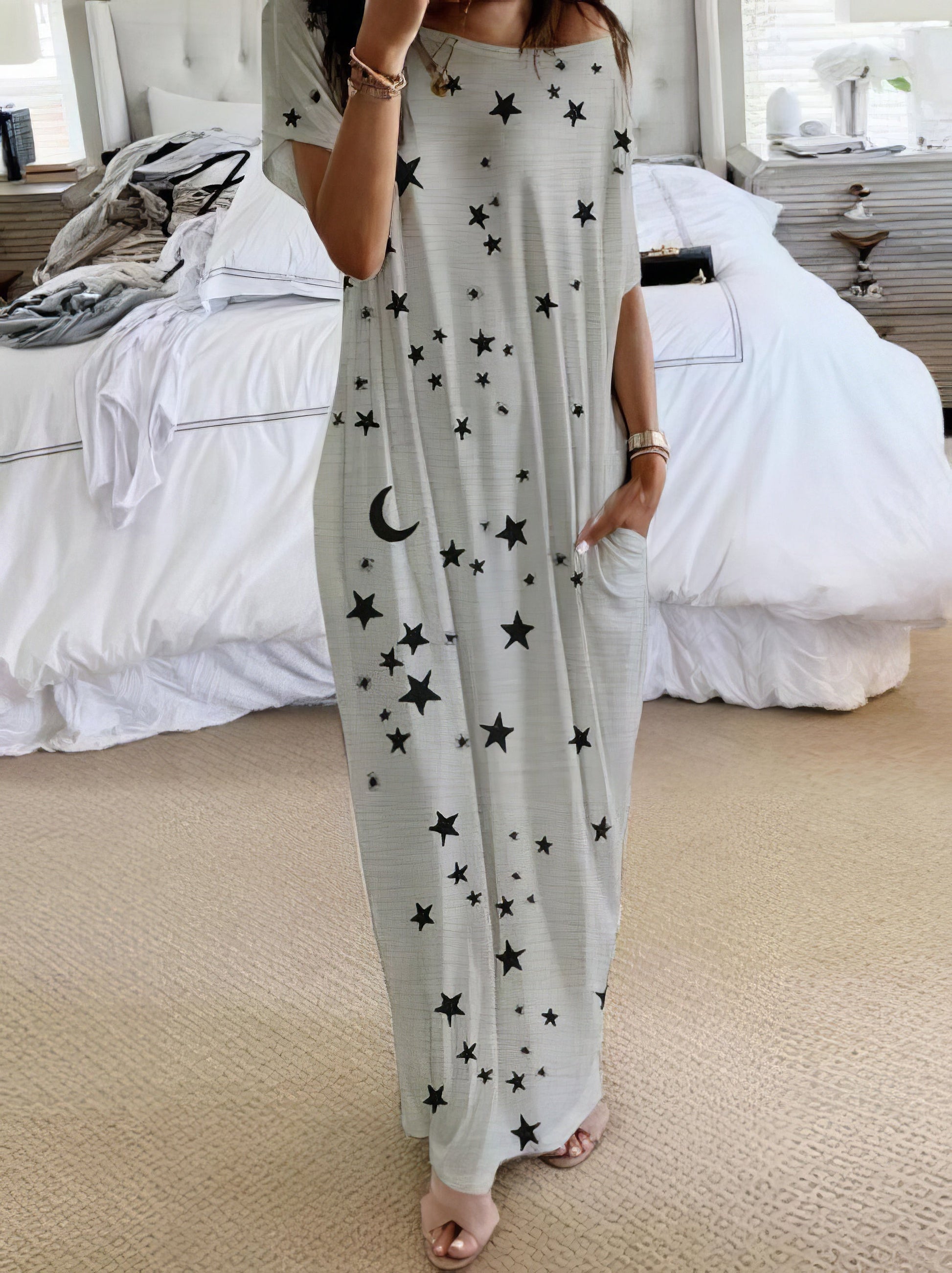 Star And Moon Print Short Sleeve Maxi Dress - LuckyFash™