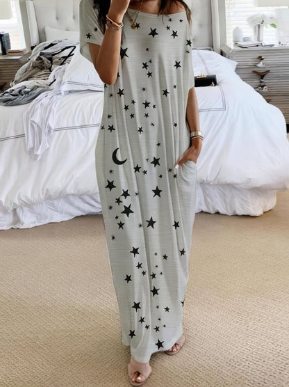 Star And Moon Print Short Sleeve Maxi Dress - LuckyFash™