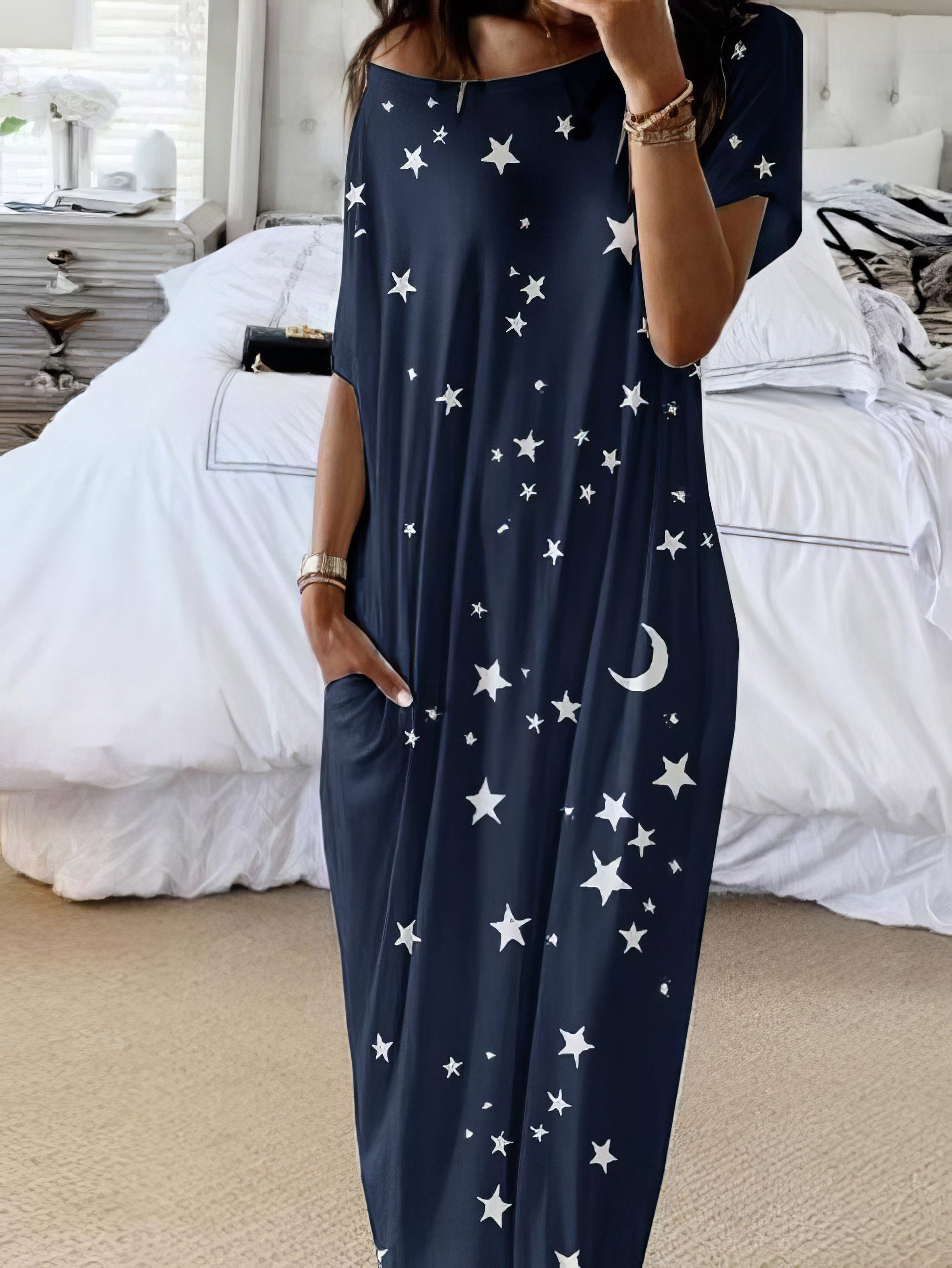 Star And Moon Print Short Sleeve Maxi Dress - LuckyFash™