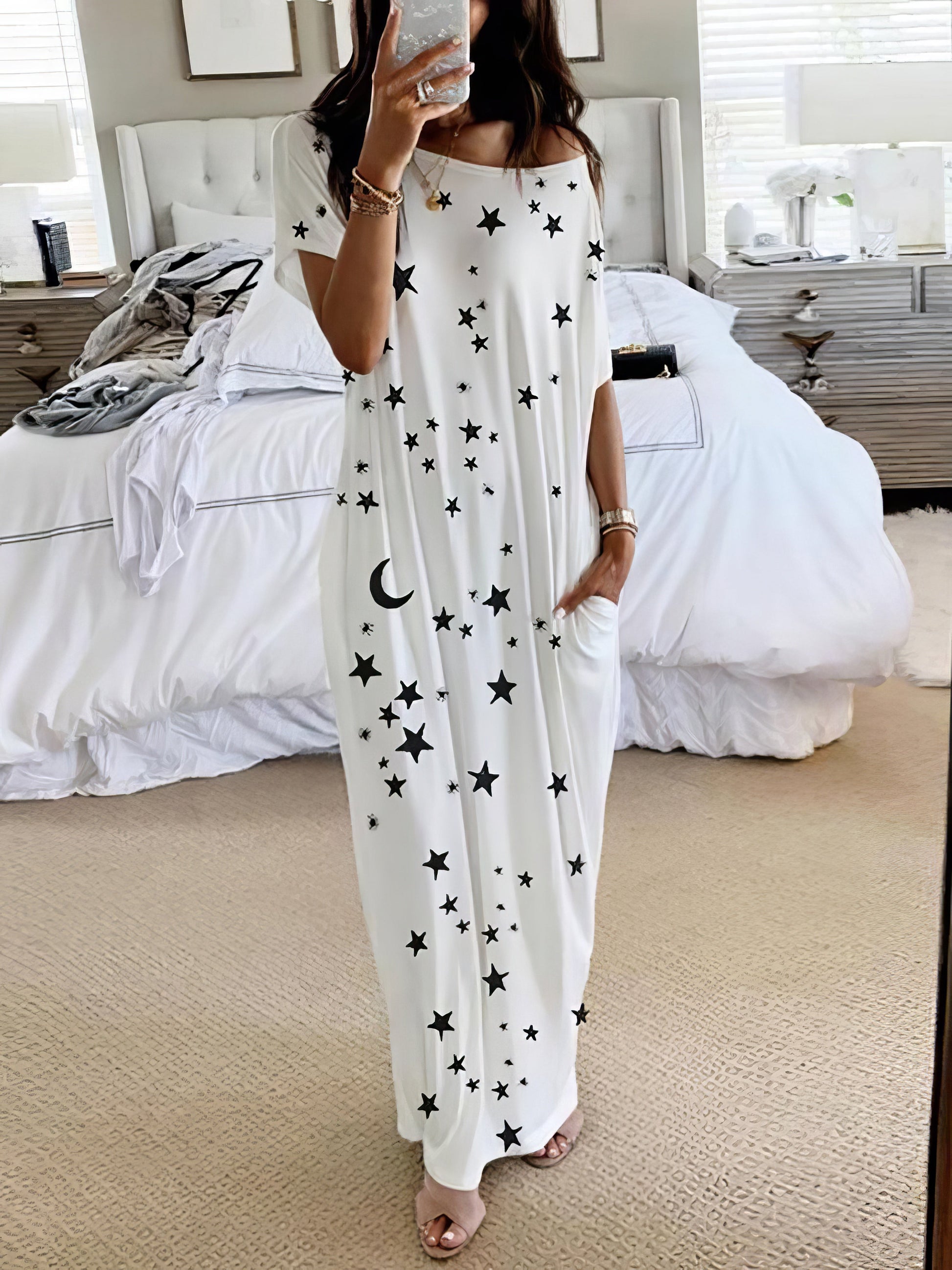 Star And Moon Print Short Sleeve Maxi Dress - LuckyFash™