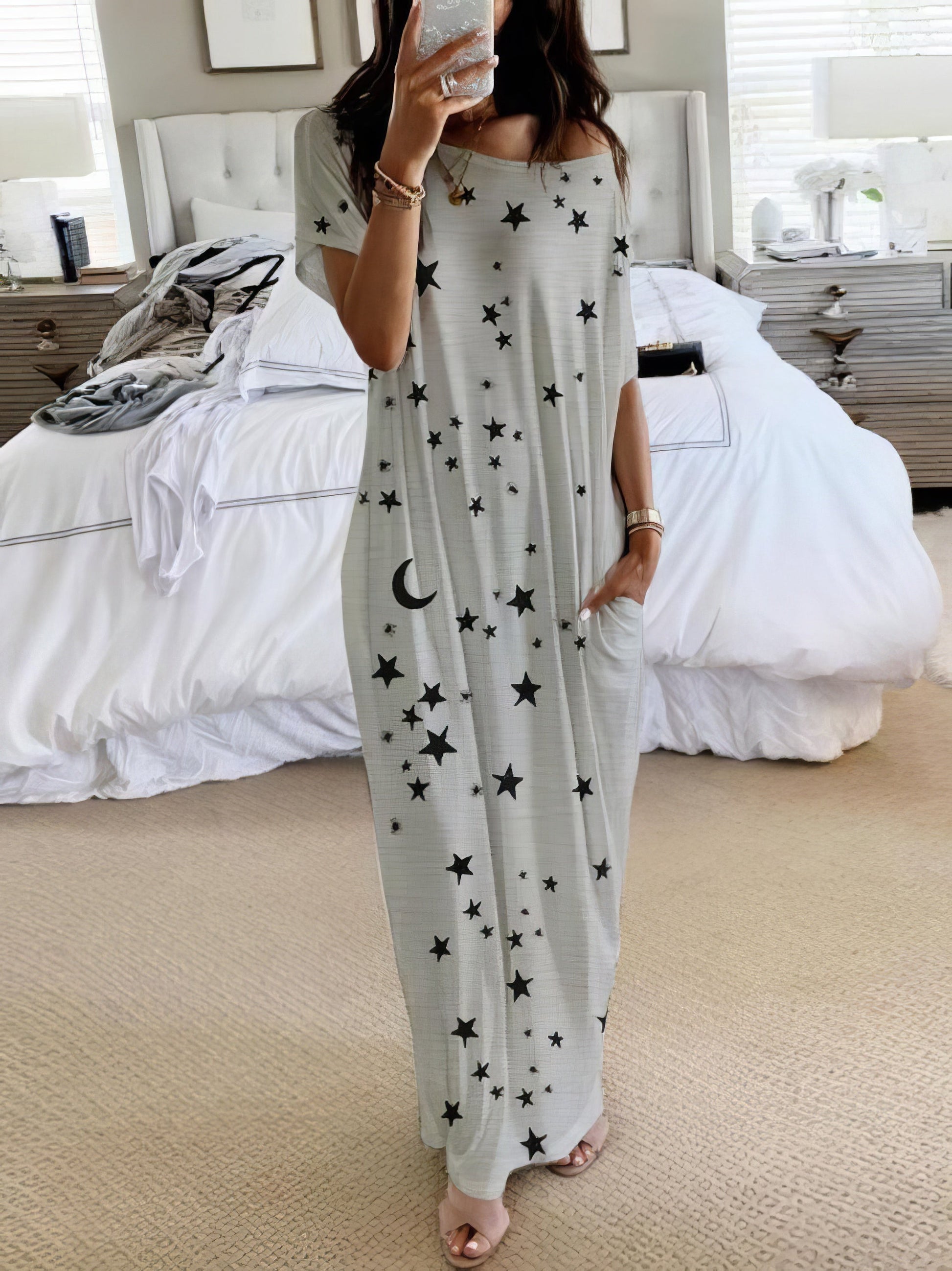 Star And Moon Print Short Sleeve Maxi Dress - LuckyFash™