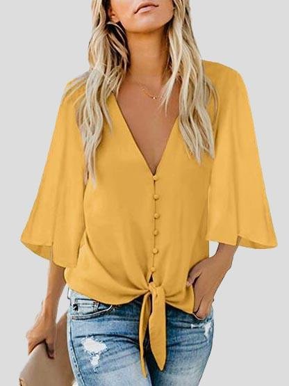 Street Hipster Bow Shirt Solid V Neck Flared Sleeve Blouse - LuckyFash™