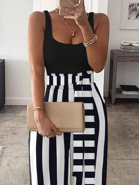 Striped High Waist Color Block Vest Jumpsuit - LuckyFash™