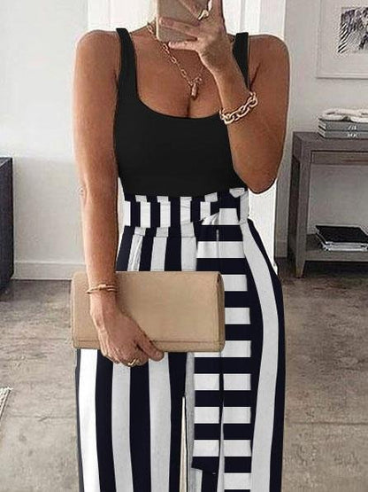 Striped High Waist Color Block Vest Jumpsuit - LuckyFash™