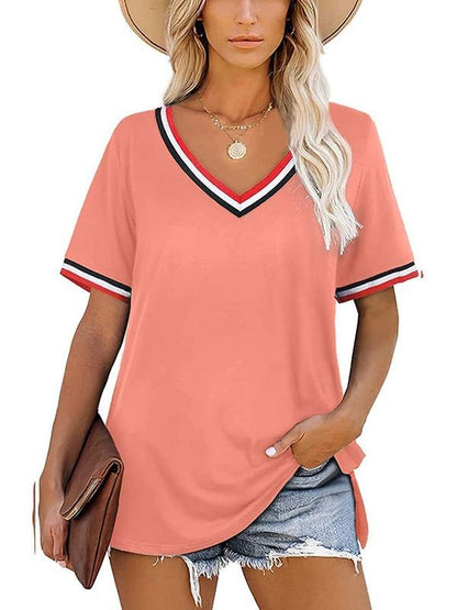 Striped Stitching Color Matching Short Sleeve V-neck T-shirt - LuckyFash™