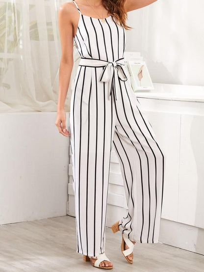Striped Tie And Bow Loose Wide-Leg Jumpsuit - LuckyFash™