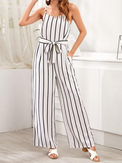 Striped Tie And Bow Loose Wide-Leg Jumpsuit - LuckyFash™