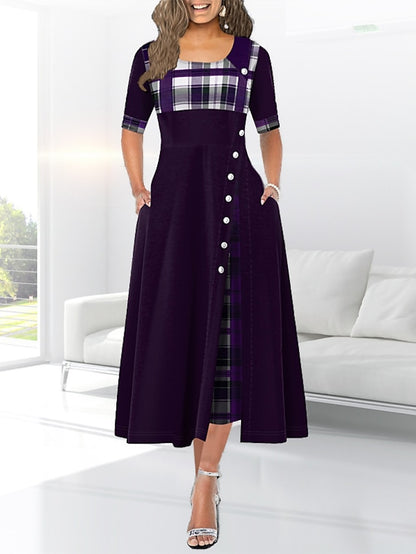 Women's Work Dress Swing Dress Plaid Dress Midi Dress Black Yellow Wine Half Sleeve Plaid Patchwork Summer Spring Crew Neck Modern Winter Dress Office Birthday 2023 S M L XL XXL 3XL 4XL 5XL - LuckyFash™