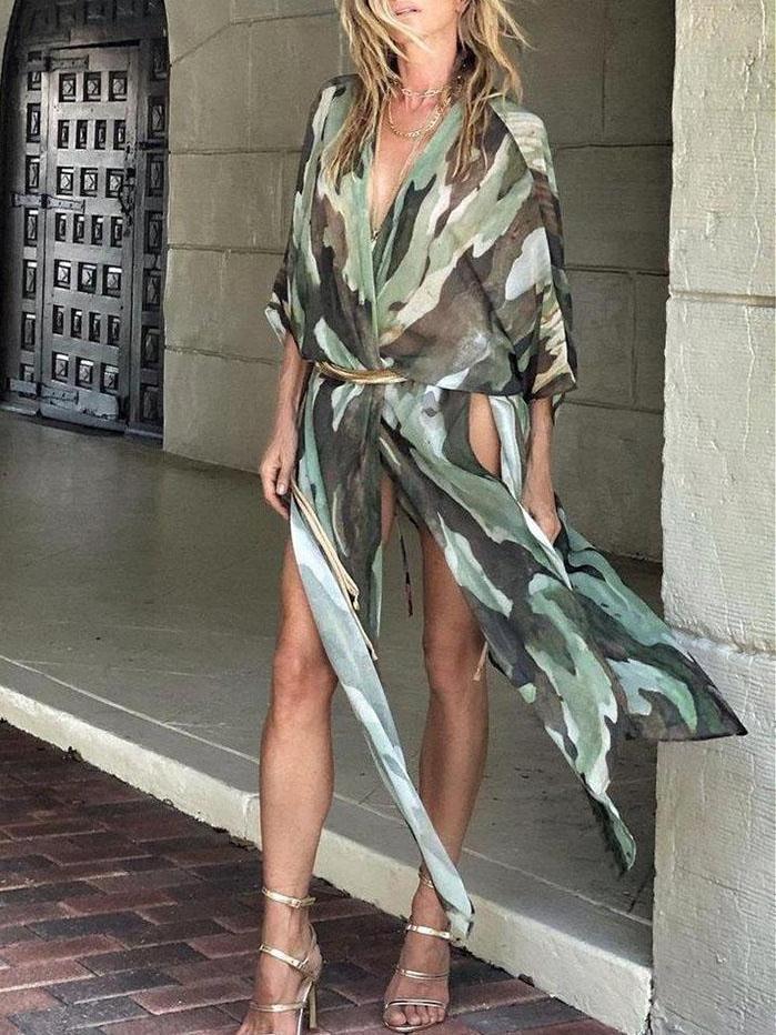 Summer Camo Print Deep V Neck  Split Hem Outfit - LuckyFash™