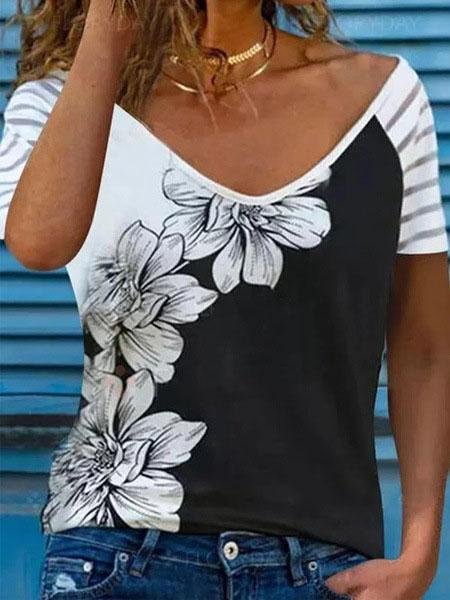 Summer Short-sleeved Printed V-neck Top - LuckyFash™