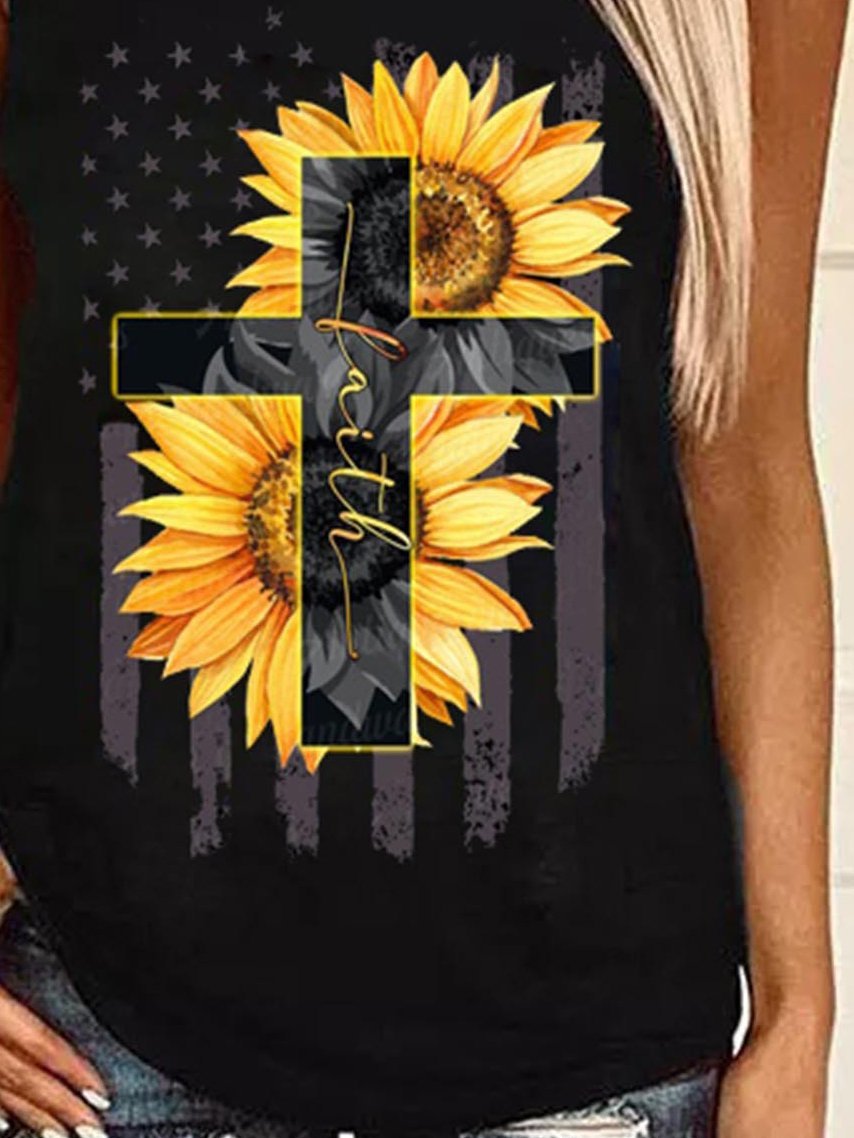 Sunflower Cross Print Round Neck Sleeveless Tank Tops - LuckyFash™