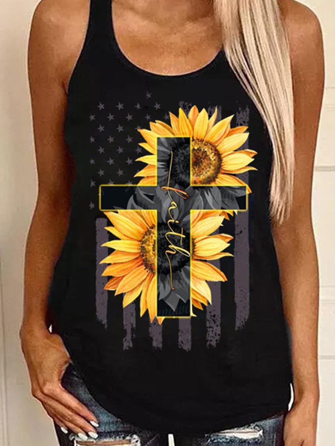 Sunflower Cross Print Round Neck Sleeveless Tank Tops - LuckyFash™
