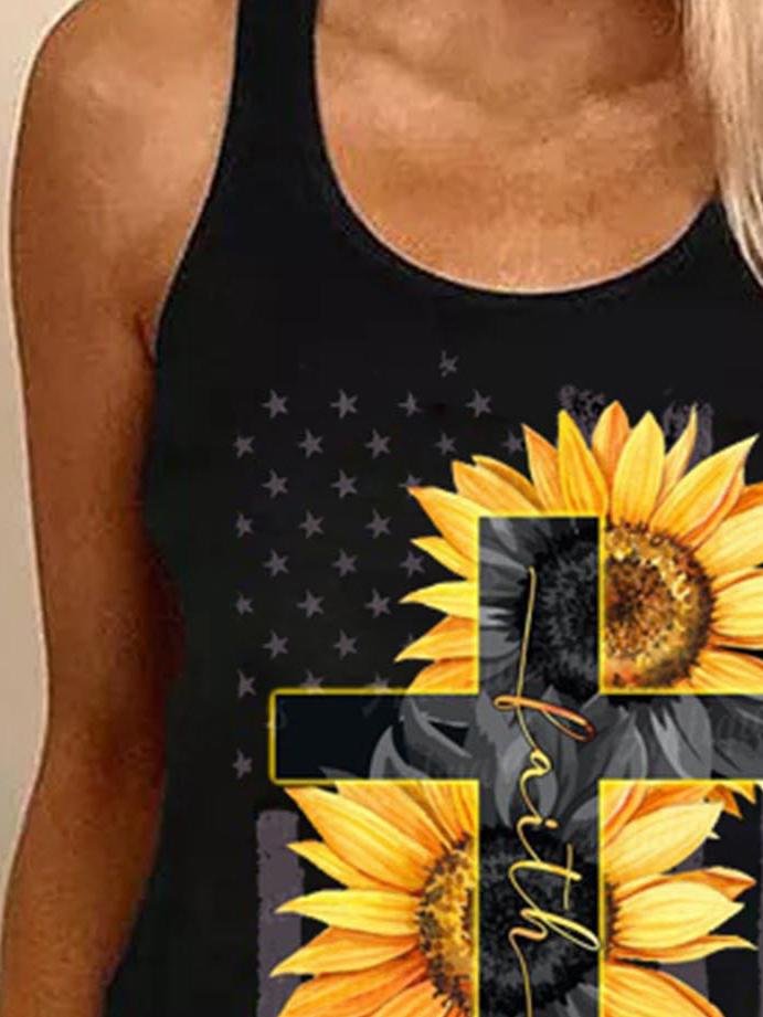Sunflower Cross Print Round Neck Sleeveless Tank Tops - LuckyFash™