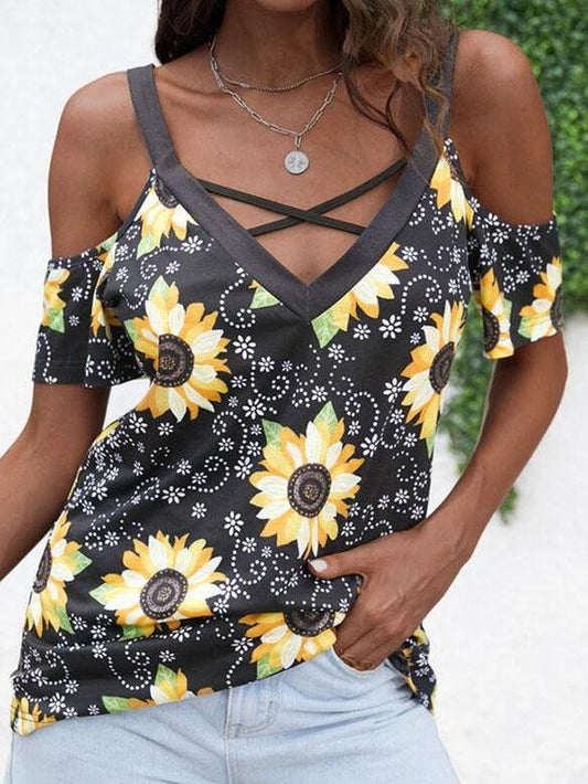 Sunflower Print Cold Shoulder Short Sleeves T-shirts - LuckyFash™