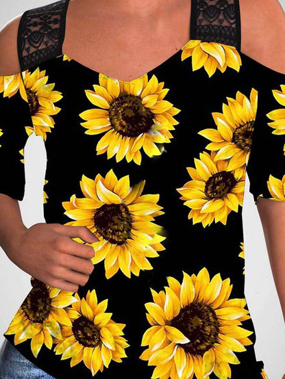 Sunflower Print Off-shoulder Hollow Wide Shoulder Strap T-shirt - LuckyFash™