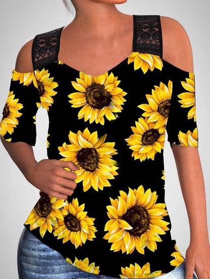 Sunflower Print Off-shoulder Hollow Wide Shoulder Strap T-shirt - LuckyFash™