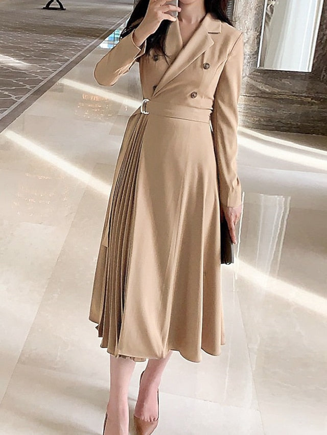 Women's Work Dress Blazer Dress Midi Dress Midi Dress Black Wine khaki Long Sleeve Pure Color Pleated Winter Fall Autumn Shirt Collar Elegant Winter Dress Fall Dress 2023 S M L XL 2XL 3XL - LuckyFash™