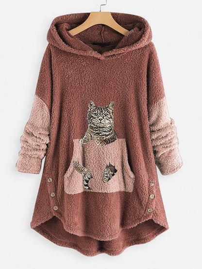Fleece Hoodie Green Pink Grey Hooded Cat 3D Front Pocket Print Casual Streetwear 3D Print Fleece Active Fuzzy Clothing Apparel Hoodies Sweatshirts  / Fleece lined for Women - LuckyFash™