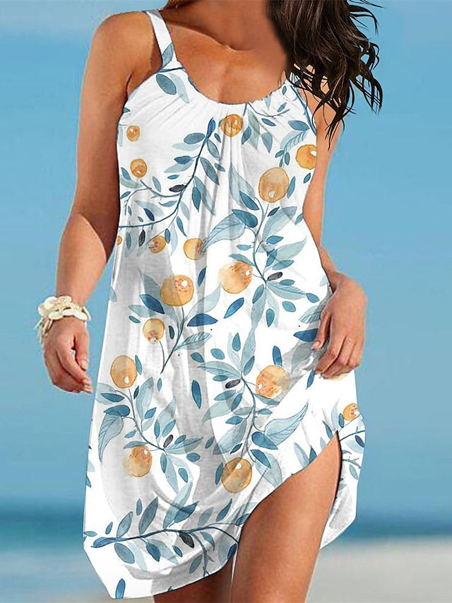 Women's Beach Dress Beach Wear Mini Dress Print Basic Casual Leaf Spaghetti Strap Sleeveless Regular Fit Daily Vacation White Pink 2023 Summer Spring S M L XL - LuckyFash™