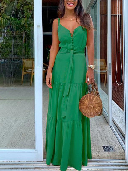 Temperament Button V-Neck Sleeveless Sling Dress - LuckyFash™