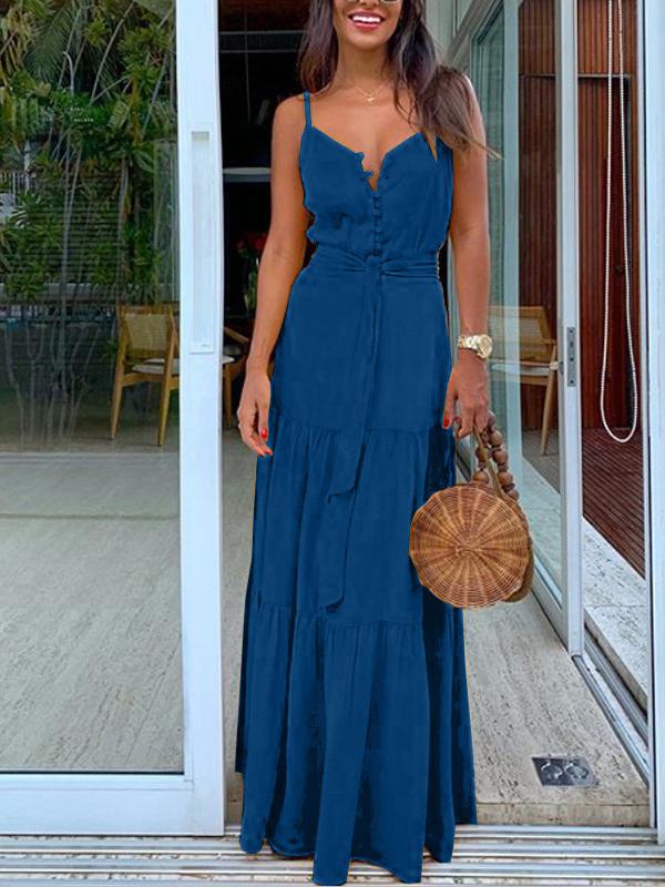 Temperament Button V-Neck Sleeveless Sling Dress - LuckyFash™