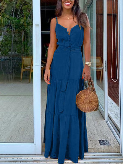 Temperament Button V-Neck Sleeveless Sling Dress - LuckyFash™