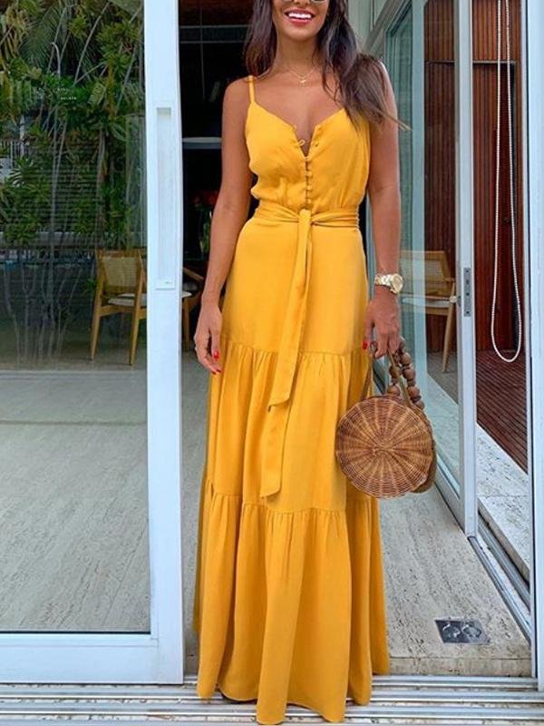 Temperament Button V-Neck Sleeveless Sling Dress - LuckyFash™