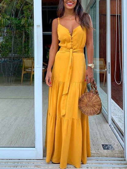 Temperament Button V-Neck Sleeveless Sling Dress - LuckyFash™