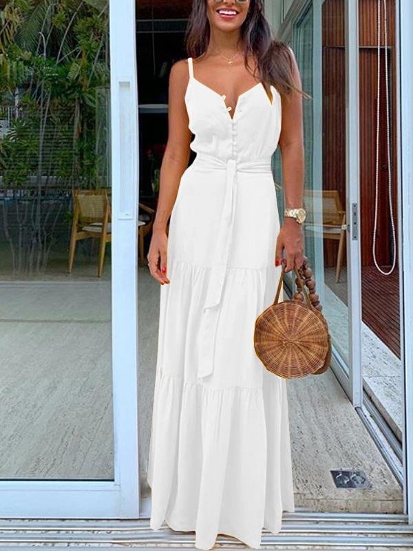 Temperament Button V-Neck Sleeveless Sling Dress - LuckyFash™