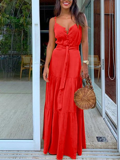 Temperament Button V-Neck Sleeveless Sling Dress - LuckyFash™