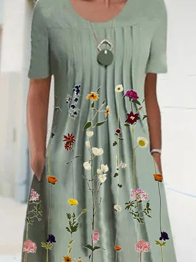 Women's Casual Dress T Shirt Dress Tee Dress Shift Dress Midi Dress Blue Green Short Sleeve Floral Ruched Summer Spring Crew Neck Basic Daily Weekend 2023 S M L XL XXL 3XL - LuckyFash™